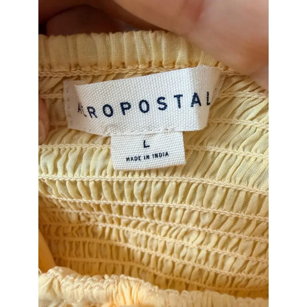 Aeropostale Yellow Cotton Eyelet Milkmaid Dress Size L Smocked Back Ruffle Hem